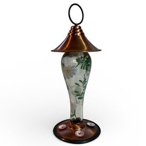 Hand Painted Humming Bird Feeder ~ Glass & Copper ~ Floral Design White Daisies